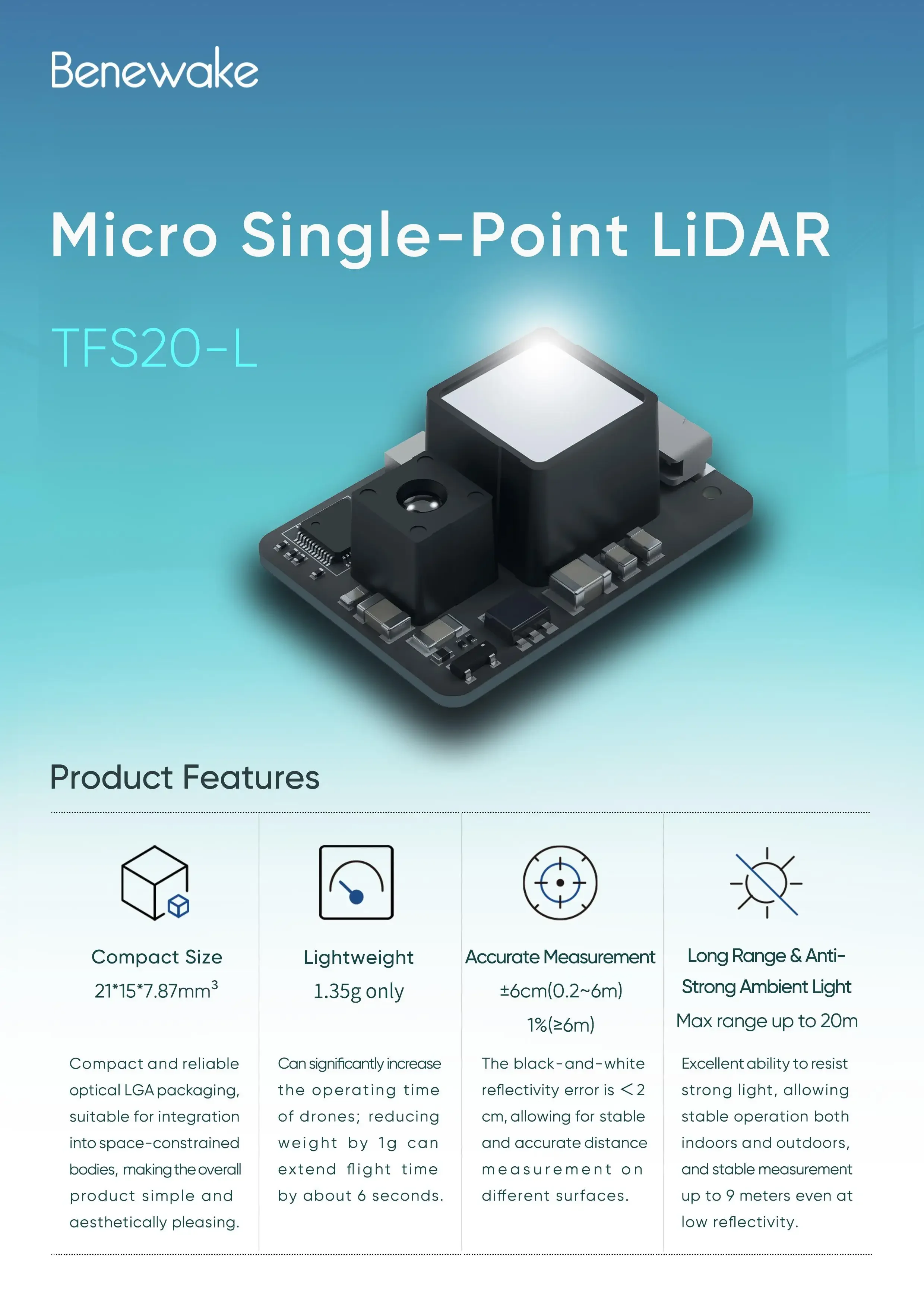 Benewake TFS20-L 20m Micro LiD - Drone Lidar ulasan dan harga